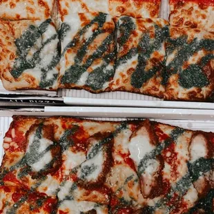 Top: flag pizza. Bottom: chicken parm pesto
