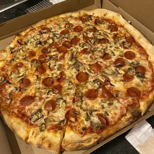 Large pizza with pepperoni and mushroom