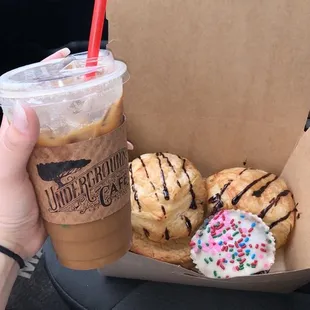 Dairy free iced chocolate/caramel latte w/ coconut milk accompanied by some vegan chocolate croissants &amp; vegan chocolate cupcake