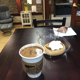 Coffee With Vegan Cinnamon Roll And Vegan Raspberry Scone