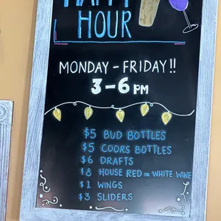 Happy Hour menu board - 7/21/22