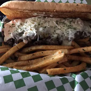 Philly Cheese Steak Sandwich with fries