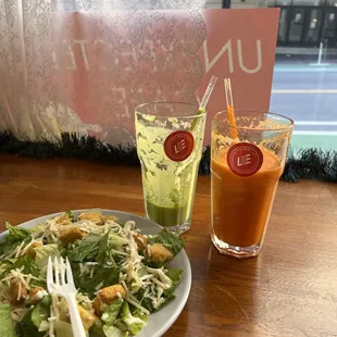 Avocado blend, Carrot juice, Caesar salad