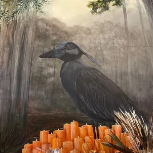 a painting of a bird in a forest