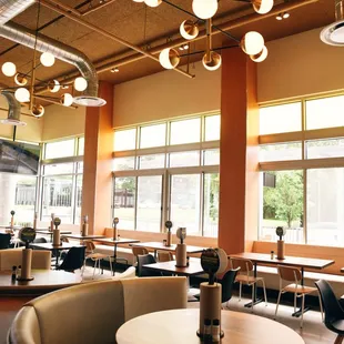tables and chairs in a restaurant