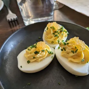 Deviled Eggs ($12 for 3) - 3 stars. Seemed fine (I&apos;m not usually a fan of deviled eggs generally so hard to say). Tue dinner 2024-05-14