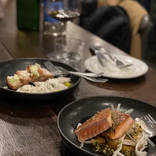 Pork Belly &quot;Carbonara&quot; (top); Wild King Salmon (bottom)