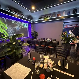 Peaceful dining experience with tranquil music and a video of a koi pond