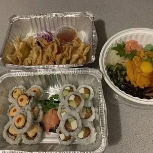 Crab Rangoon, Spicy Unagi Maki, Philadelphia Maki, Uni Don