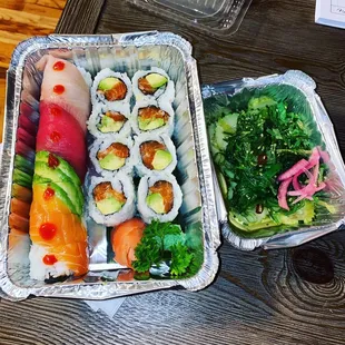 The Spicy Tuna Rainbow Maki and Salmon Avocado Maki with Seaweed and Cucumber Salad