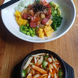 Miso soup and triple poke bowl