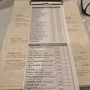 Sushi menu