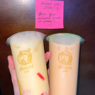 L: Mango Fresh Milk w Milk Mochi, Strawberry Jelly &amp; Cheese Foam R: Uni Brown Sugar Milk Tea w Tapioca, Milk Mochi, &amp; Cheese Foam