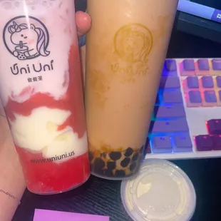 L: Strawberry Fresh Milk w Milk Mochi, Strawberry Jelly, &amp; Cheese Foam R: Uni Brown Sugar Milk Tea w Tapioca, Milk Mochi, &amp; Cheese Foam