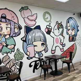 a wall mural of cartoon characters