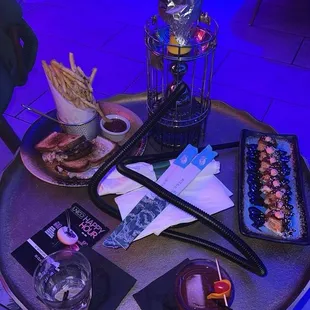 Sushi &amp; burger with fries &amp; hookah