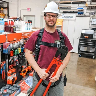 A few products that you can find at our store. Ultra-Safe harness, MSA hardhat and our Crescent 36" Porter Cutter