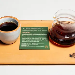 a cup of coffee and a teapot on a tray