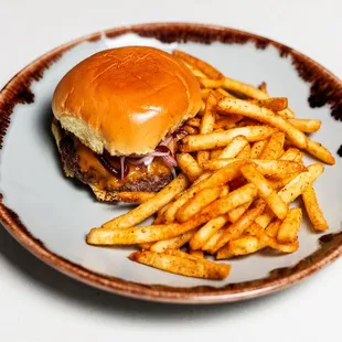 a hamburger and french fries on a plate