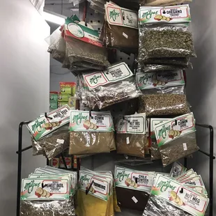 a shelf full of food items