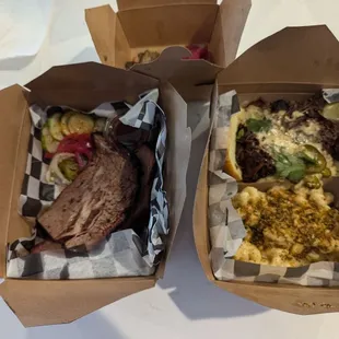pork belly burnt ends - top, brisket - left, barbacoa sandwich and mac n cheese - right