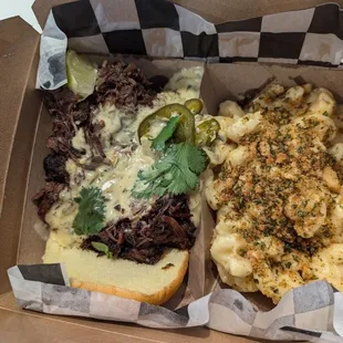 barbacoa sandwich on the left, mac n cheese on the right