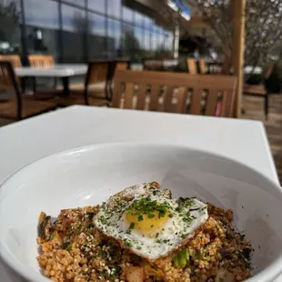 Fried oats with kimchi and spam