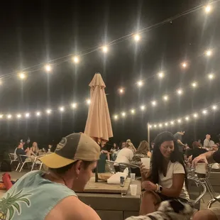 a group of people sitting outside at night