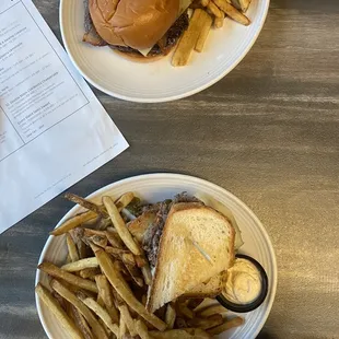 Firecracker burger , fries , Philly sandwich, Mac &amp; cheese
