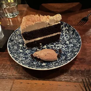 a slice of chocolate cake on a blue and white plate