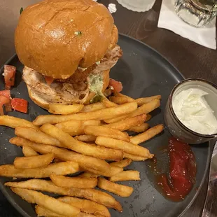 Chicken caprese sandwich with fries and ranch