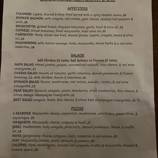 Appetizer Salad and Pizza Menu