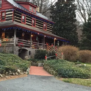 Outside decorated for the holidays.