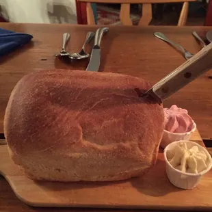 Homemade bread with honey butter &amp; raspberry butter