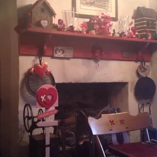 The dining room fireplace dressed for Valentines Day