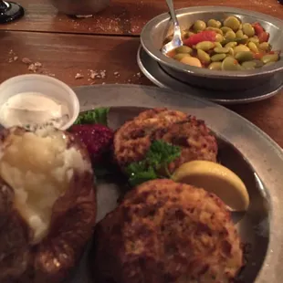Crab cake dinner with bake potato &amp; veggies