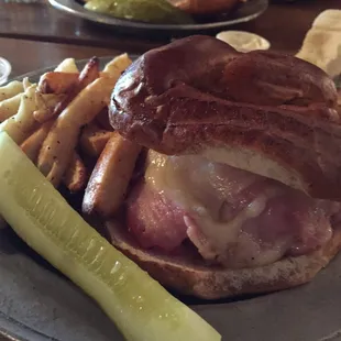 Ham &amp; cheese on a pretzel roll with an upgrade of fries.