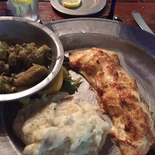 Special-rockfish with crab on top with mash potatoes &amp; Brussels sprouts