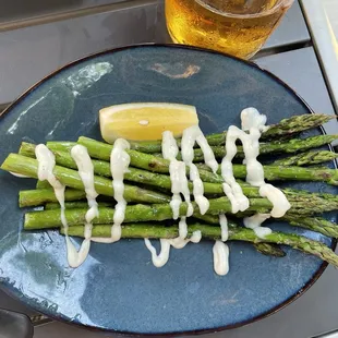 Grilled asparagus with I think an aoli sauce