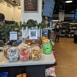 a counter with a variety of snacks