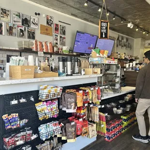 Your order here first, then pick up at the next counter