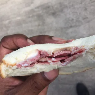 a hand holding a sandwich