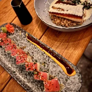 Sushi and Salmon dish.