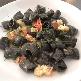 Squid ink pasta with lobster. The bombolotti pasta had a very interesting texture and the lobster and broth make this a very memorable dish.