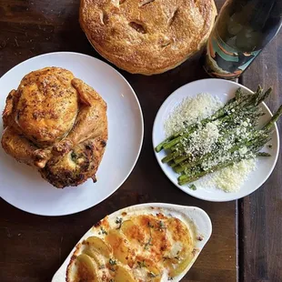 Mary&apos;s Organic Roasted Chicken Dinner &amp; Wine with sourdough stuffing, potato gratin, charred market asparagus and apple pie. $95