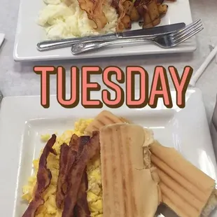 Egg Whites with Potatoes and Sausage (top)  Egg Omelet with Bacon and Cuban Toast (bottom)