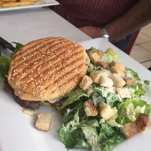 Cheeseburger with Caesar salad