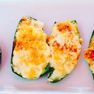 Jalapeno Poppers filled with Sharp Cheddar and Blue Cheese.