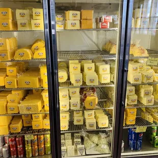 a display of cheeses