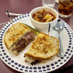 Katz corned beef on rye with cabbage roll soup